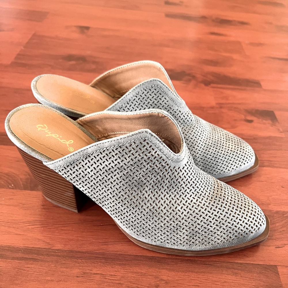 Only worn once! Faux Leather Grey Mules. Qupid brand - size 7.5